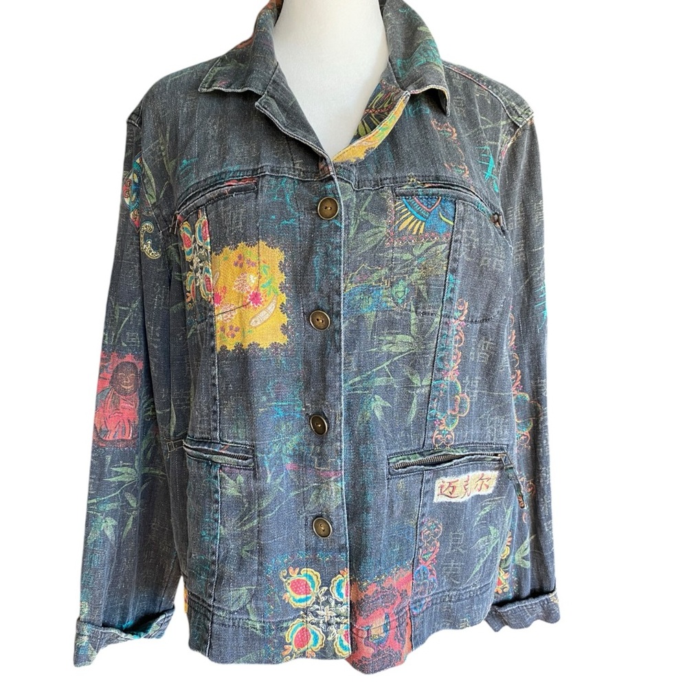 Chico’s Linen/Cotton Dark Grey Asian Motif Jacket Pockets Button-Up Sz 1